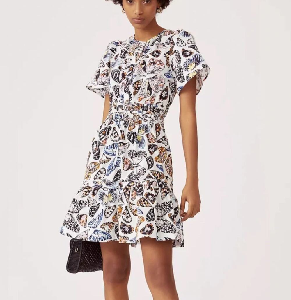 Anthropologie Maeve Somerset Butterfly Print Tiered Mini Dress White Size S